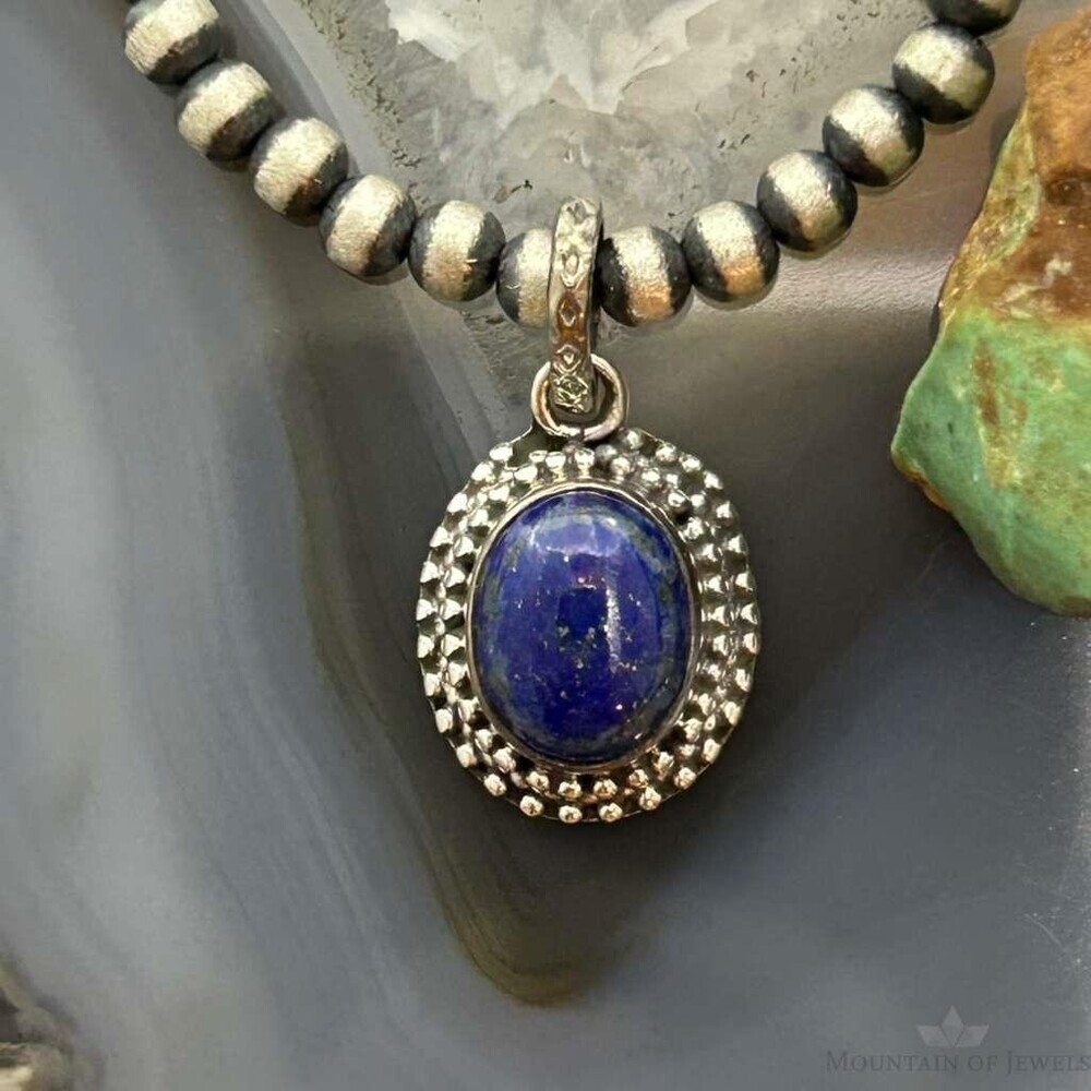 Sterling Southwestern Style Oval Lapis Decorated Charm/Pendant For Women